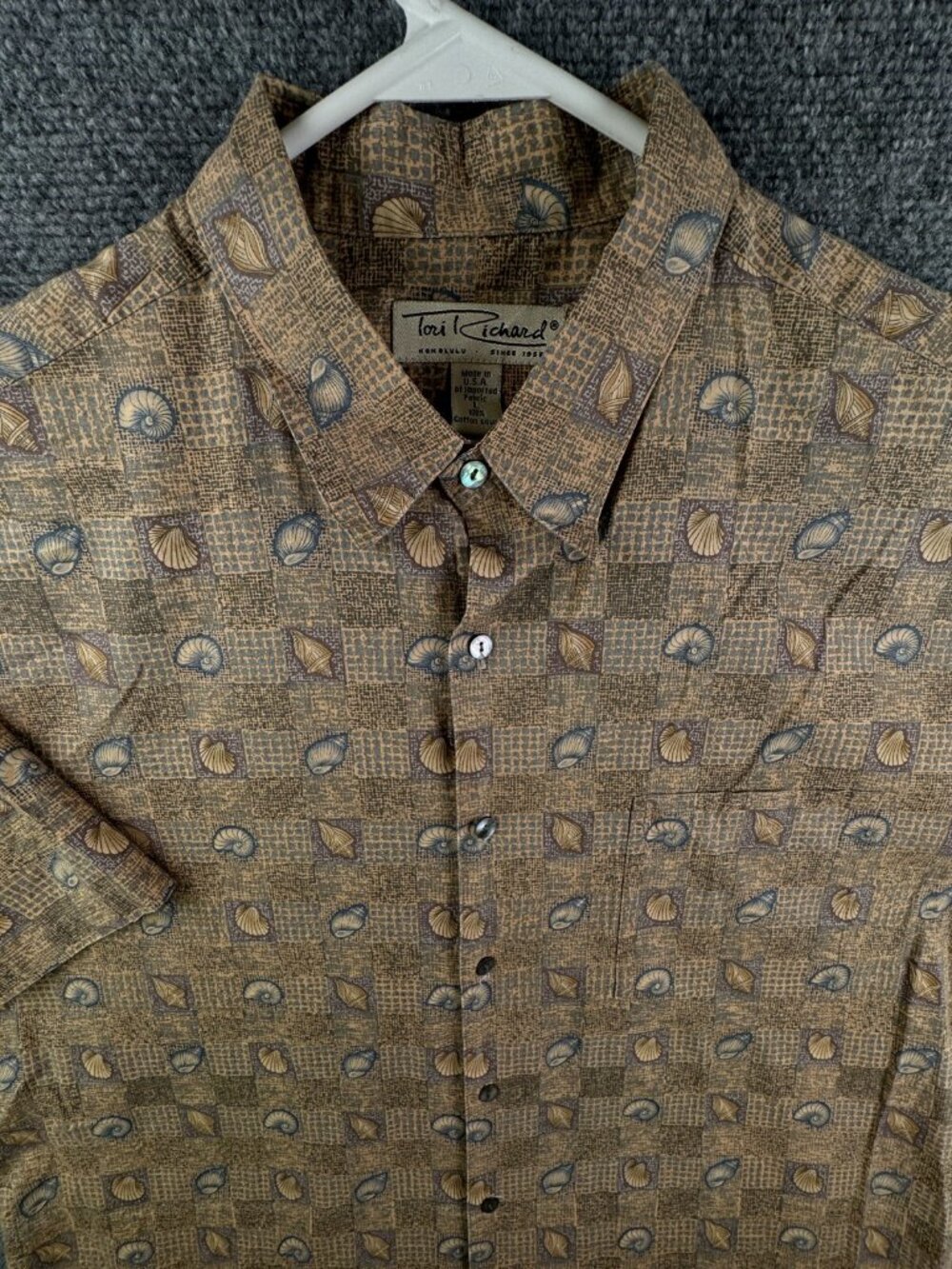 Tori Richard Cotton Lawn Button Up Shirt Seashell Print Ocean Beach Large USA